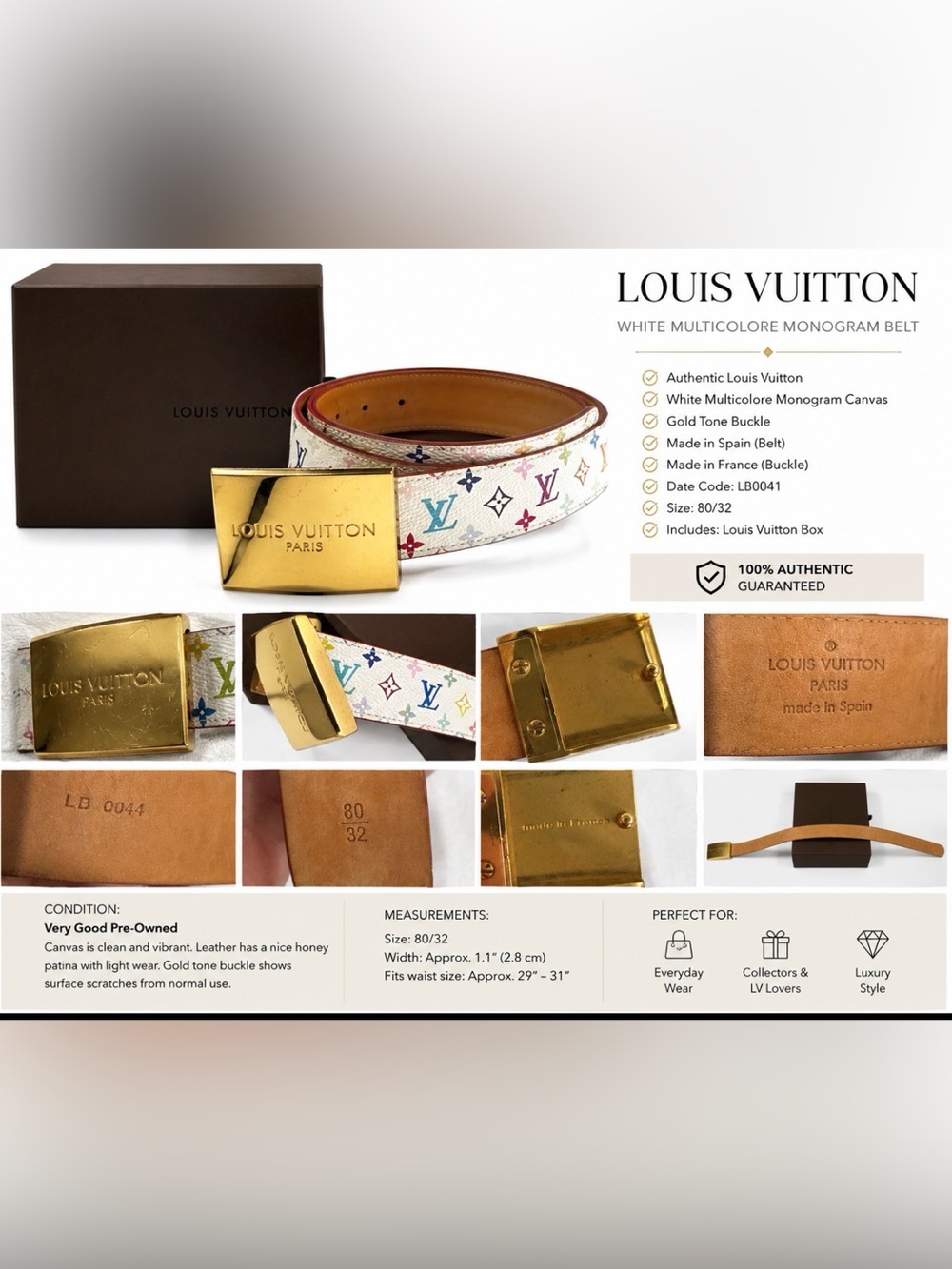 Louis Vuitton White Multicolore Monogram Belt 80/32 – Takashi Murakami With Box